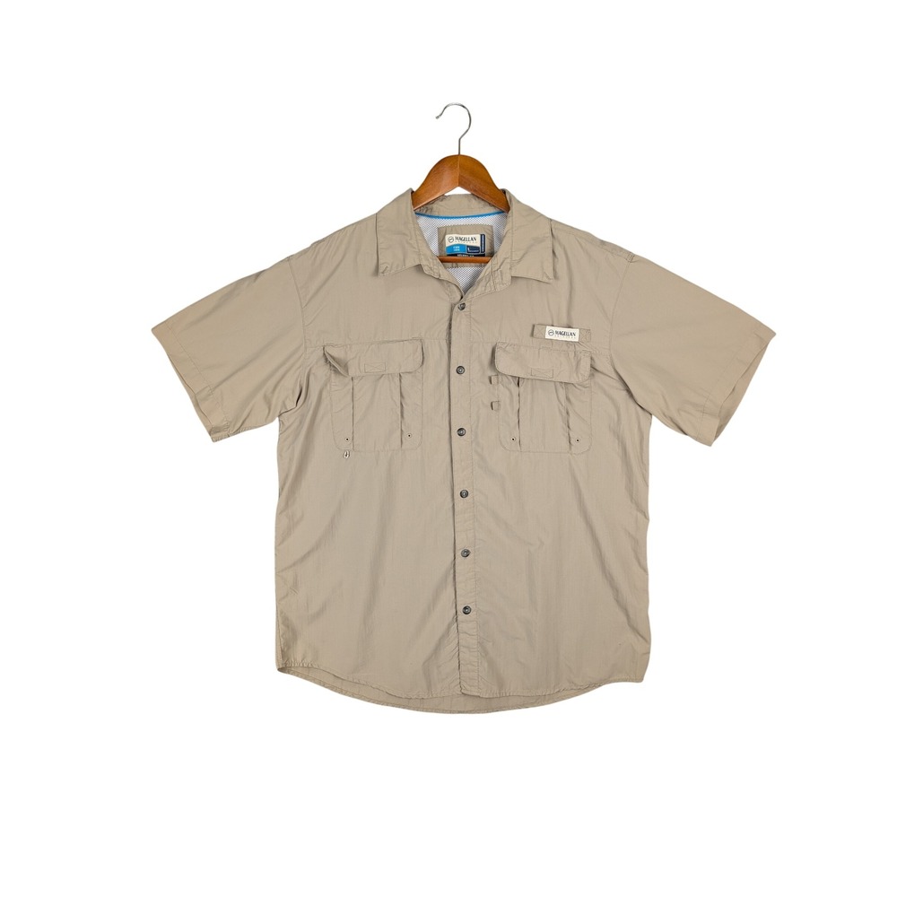 Magellan Outdoors Fish Gear Shirt Mens Large Tan Khaki Short Sleeve Vented Back